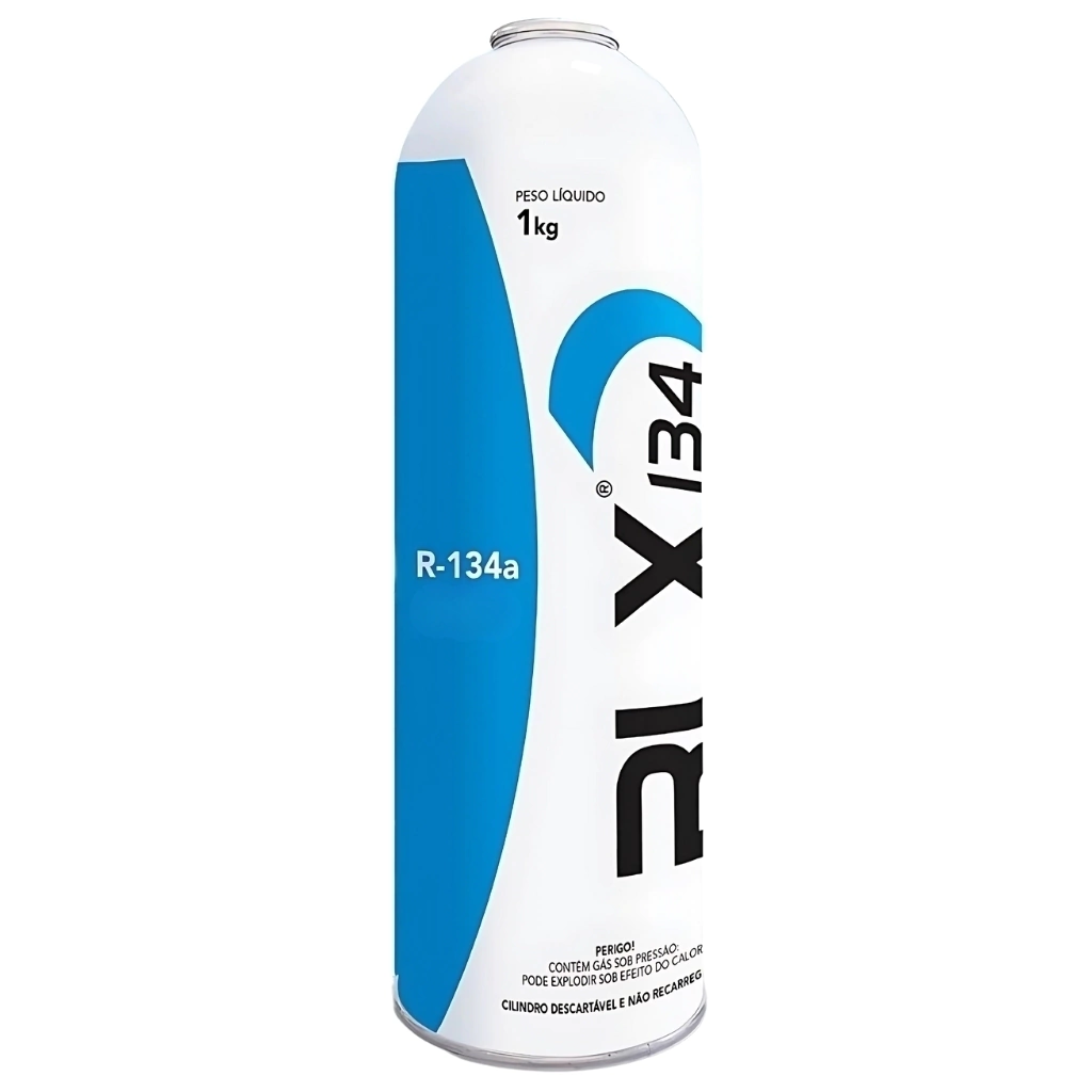 Lata de Gás Refrigerante R134A 1kg para sistemas de refrigeração automotiva e HVAC.