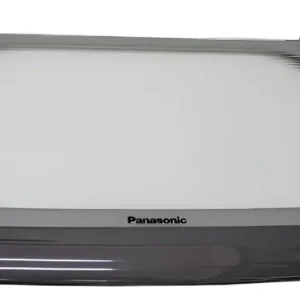 Tampa de vidro superior cinza original para lavadora Panasonic sob fundo branco.